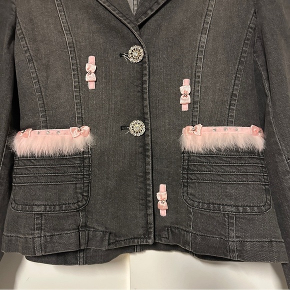 Apriori By Escada Denim fur stim Y2K pink bows Jacket Size 6 - Picture 5 of 7